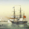 Бой русских гребных канонерок батальона морского ополчения с английским паровым кораблём и корветом.