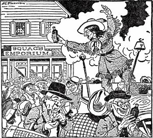 В тот же вечер я нанял тележку и открыл торговлю на Главной улице... Иллюстрация Х. Грининга к рассказу «Джефф Питерс как персональный магнит» О. Генри. Издание 1919 г.