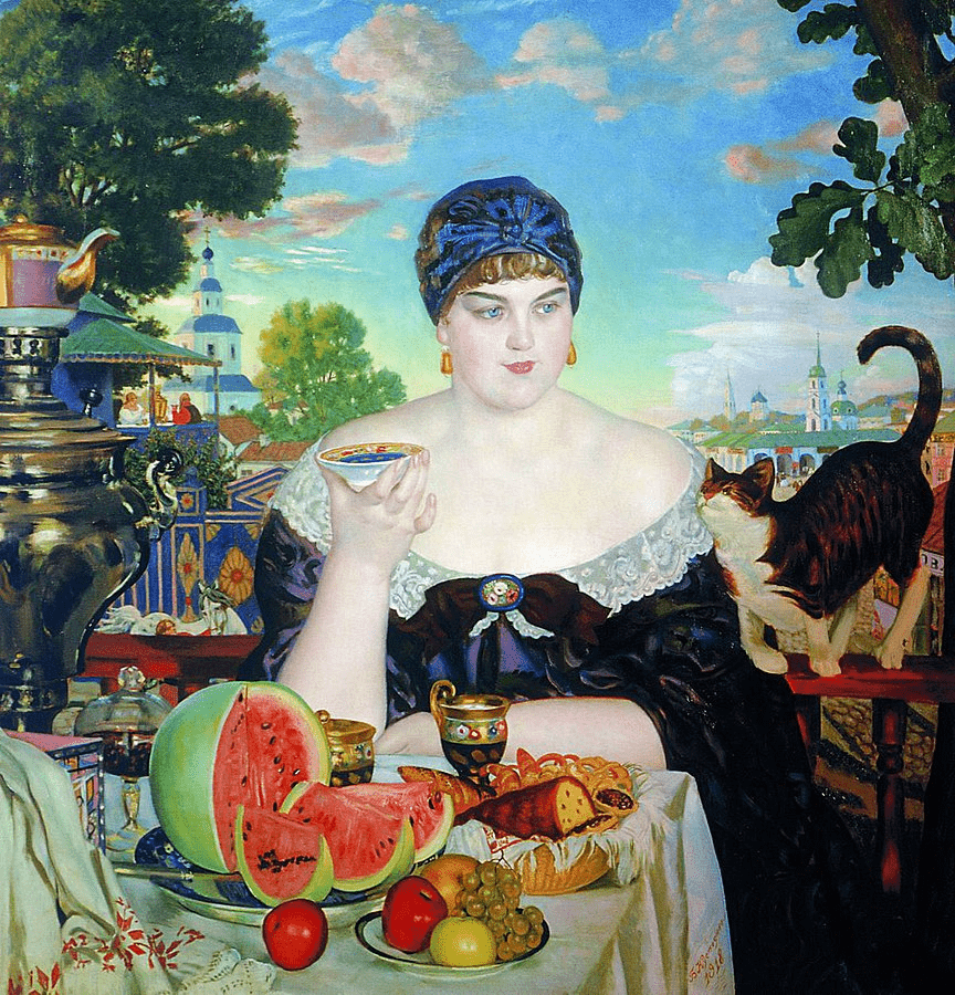 Б.Кустодиев, "Купчиха за чаем", 1918