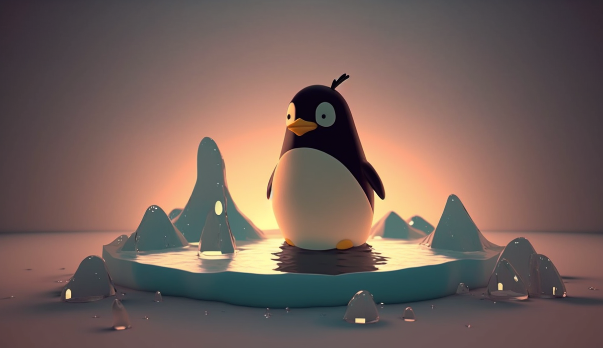 Подсказка: Cartoon penguin on an ice floe, cinematic lighting, a frame from the cartoon