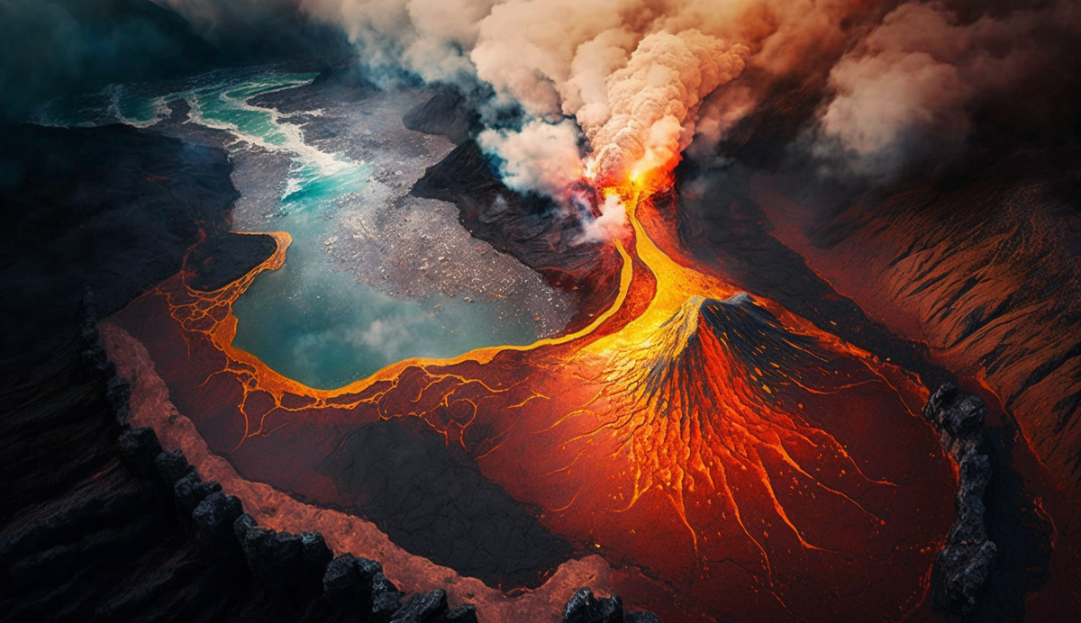 Подсказка: The mouth of an erupting volcano, lava, drone view, landscape