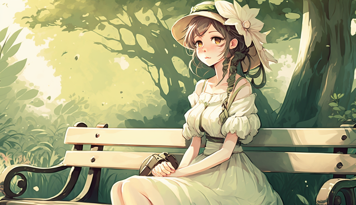 Подсказка: Kawaii woman in a light summer dress sitting on a bench in the park