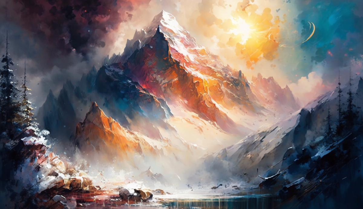 Подсказка: In the style of Leonid Afremov and John Berkey, sunny day in the mountains, particles of light