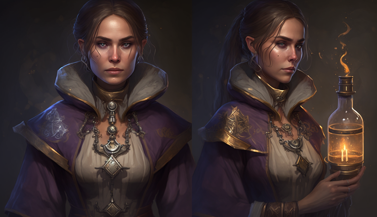 Подсказка: Concept art character female alchemist, medieval attire, d&d, fantasy