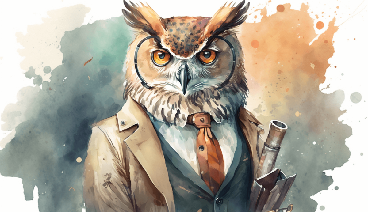 Подсказка: Soft colors, watercolor, anthropomorphic owl scientist