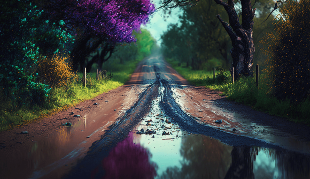 Подсказка: Octane Render, rural country road, rain, puddles, mud, bright colors