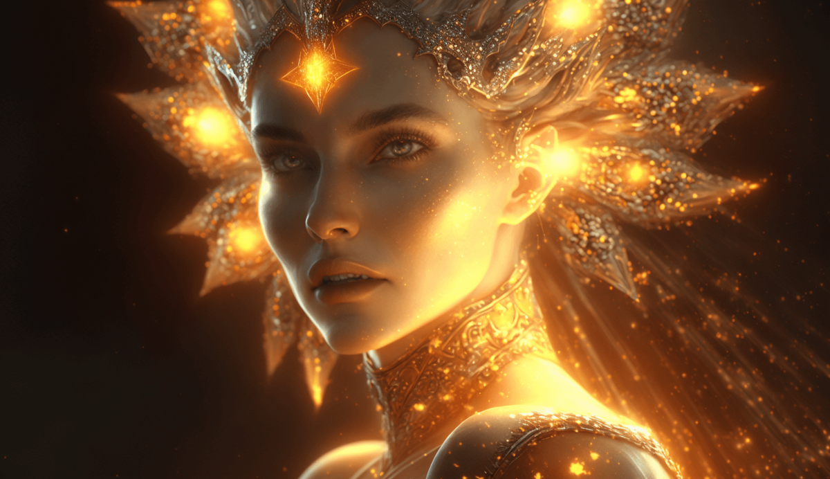 Подсказка: Unreal Engine, female sun, goddess, glow, stardust