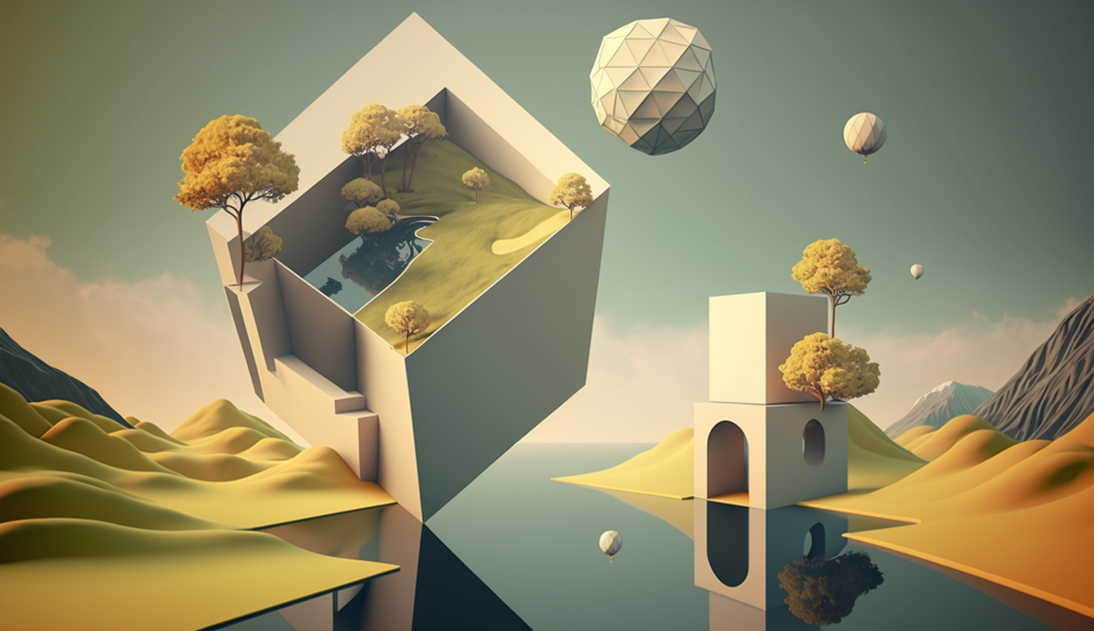 Подсказка: Landscape with floating objects and impossible perspective