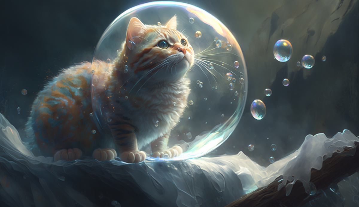 Подсказка: Cute anthropomorphic cat in a light airy dress inflates soap bubbles
