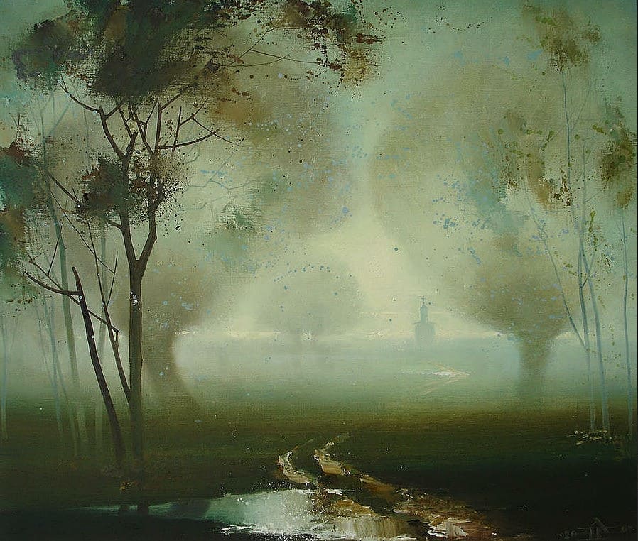 Художник Андрей Выстропов. Синий букет и лошадь в тумане