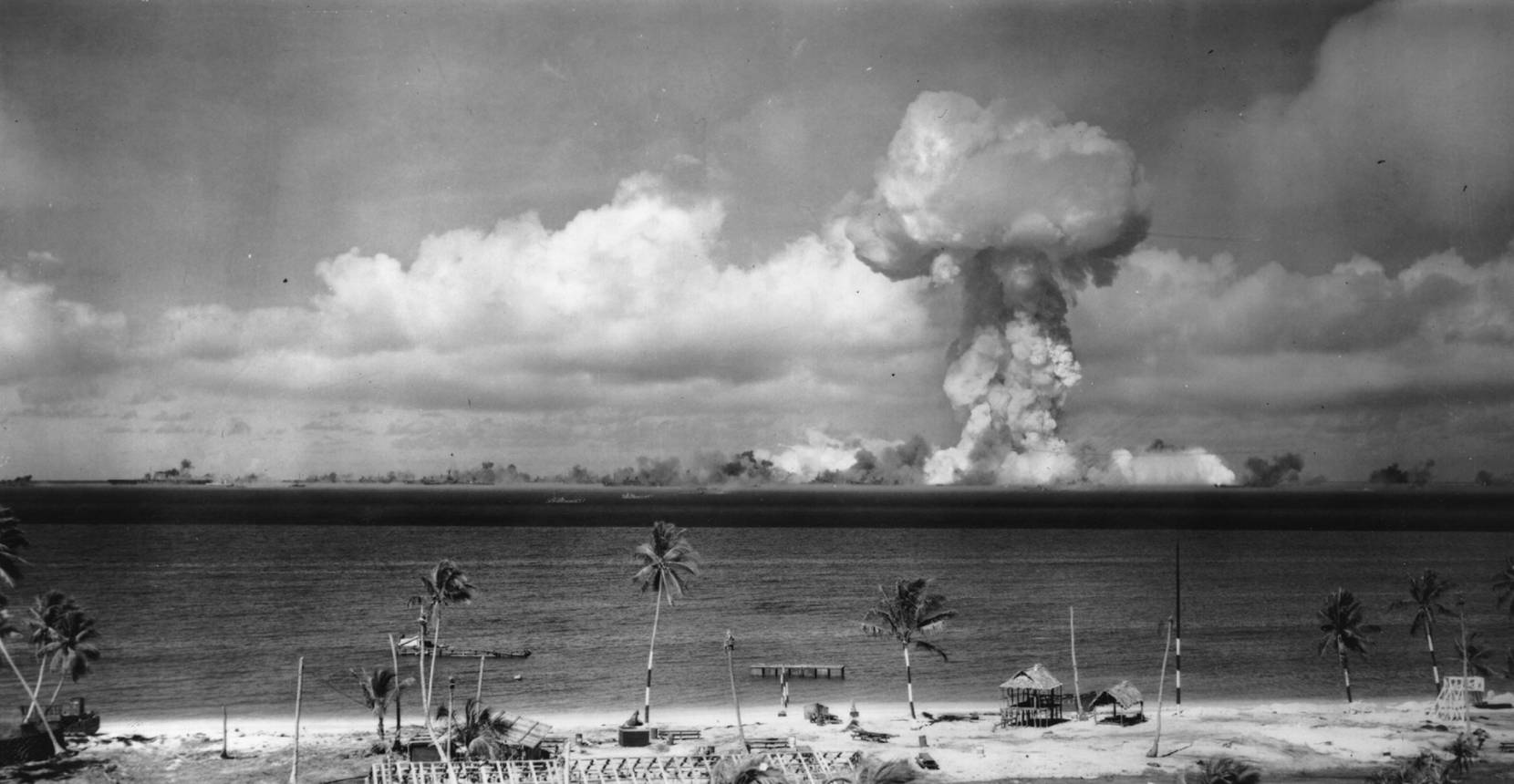 July 1946: A mushroom cloud forms after the initial Atomic Bomb test explosion off the coast of Bikini Atoll, Marshall Islands. (Photo by Keystone/Getty Images)