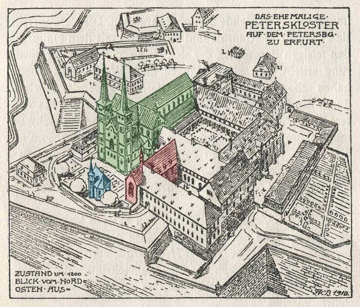 Иллюстрация церкви Святого Петра (зеленая), расположенной в Петерсбергской цитадели в Эрфурте. Фото Wikimedia Commons