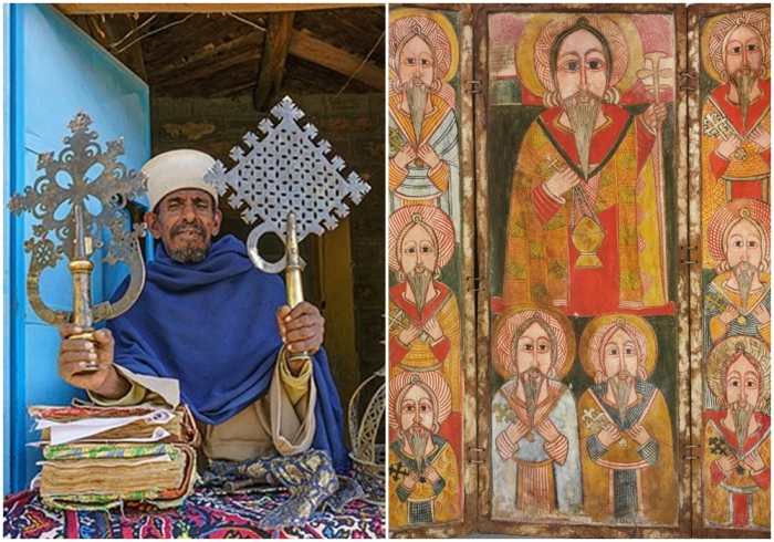 Слева направо: Эфиопский православный священник в монастыре Абба Панталеон в Аксуме.  Иконный триптих с изображением Евстафия и восьми учеников, конец 17 века.