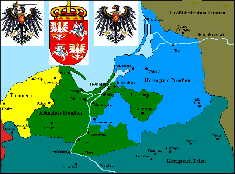 Территория Герцогства Пруссия (голубой цвет) в 1525 году