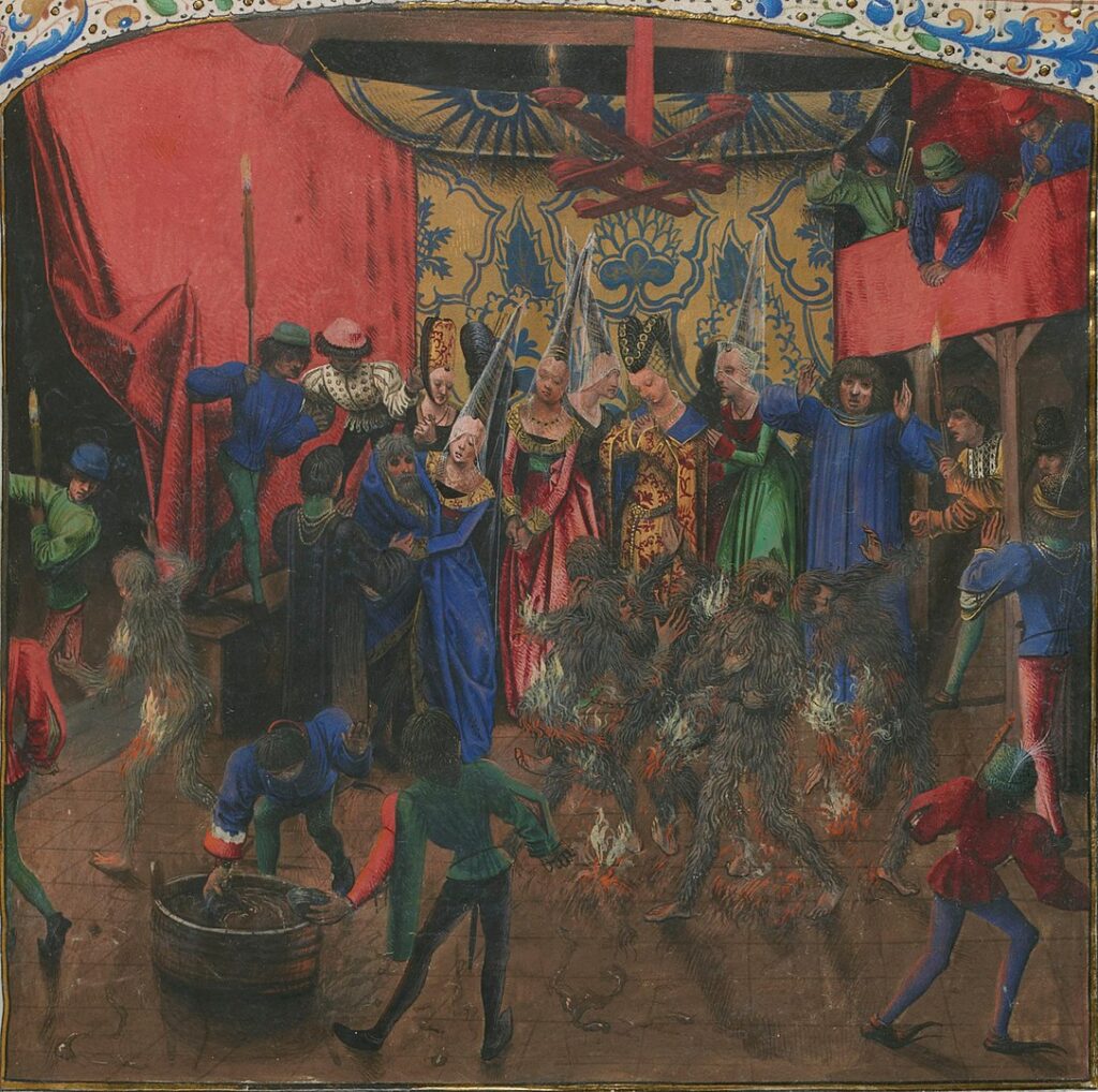 «Бал объятых пламенем» (ок. 1470). На картине горящего короля Карла VI тушит своей юбкой герцогиня Беррийская, четверо человек горят в центре, слева ещё один придворный, который прыгнул в чан с водой и потушил себя